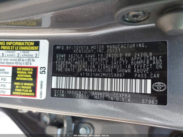 2021 TOYOTA CAMRY 4T1K31AK2MU559887 Photo 8