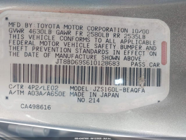 42487650 :رقم المزاد ، JT8BD69S610128683 vin ، 2001 Lexus Gs 300 مزاد بيع