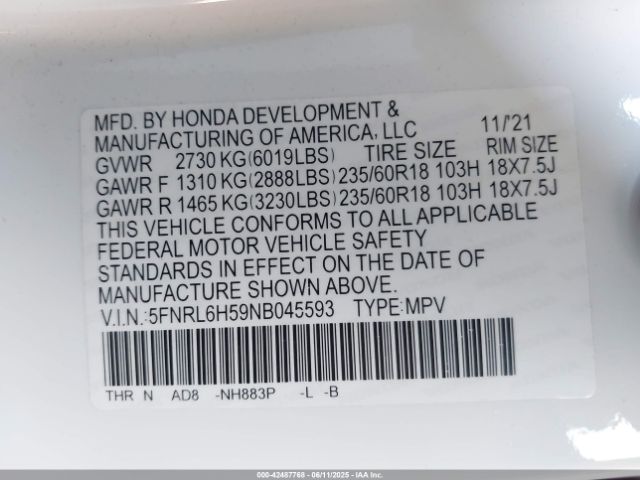 2022 HONDA ODYSSEY 5FNRL6H59NB045593 Photo 8