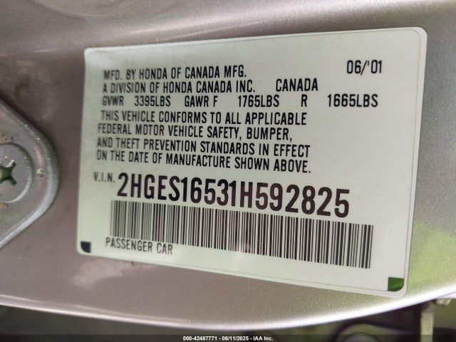 42487771 :رقم المزاد ، 2HGES16531H592825 vin ، 2001 Honda Civic Lx مزاد بيع