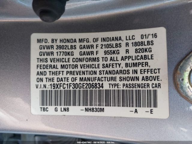 2016 HONDA CIVIC 19XFC1F30GE206834 Photo 8