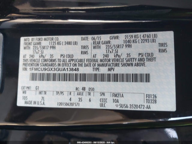 1FMCU9GX3GUA13848 Ford 2016