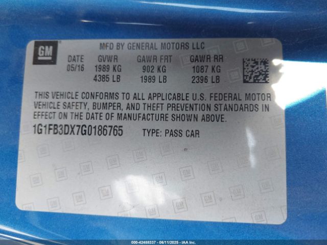 1G1FB3DX7G0186765 Chevrolet ltg - sidi, alum dohc, vvt, dcvcp turbo, e0-e100, alum