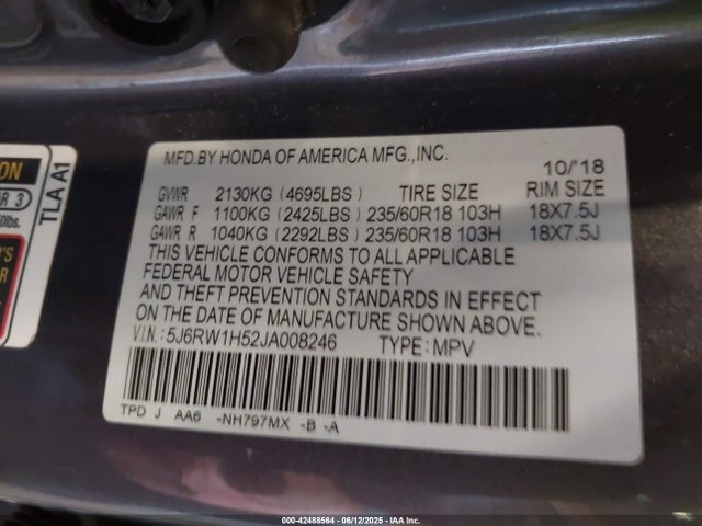 Honda l15be 2018 5J6RW1H52JA008246 Image 9