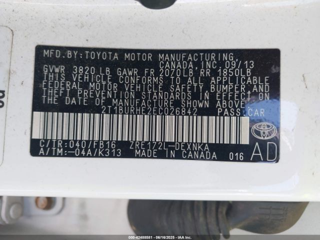 2T1BURHE2EC026842 Toyota 2zr-fe