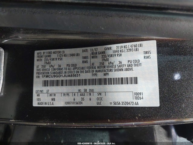 1FMCU9GD1JUA85631 Ford 1.5l gtdi sigma w/premium fuel