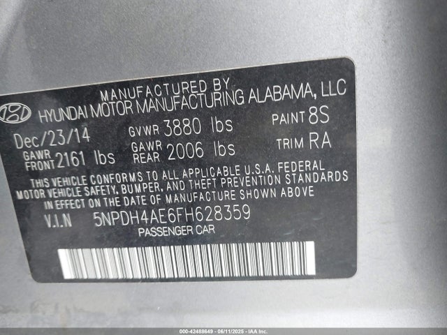 5NPDH4AE6FH628359 Hyundai ELANTRA SE