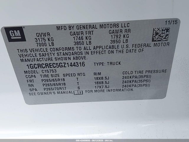 1GCRCREC5GZ144316 Chevrolet l83 - sidi, vvt, afm, e85 max, aluminum