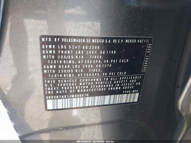 3VV3B7AX1JM008670 Volkswagen 2018