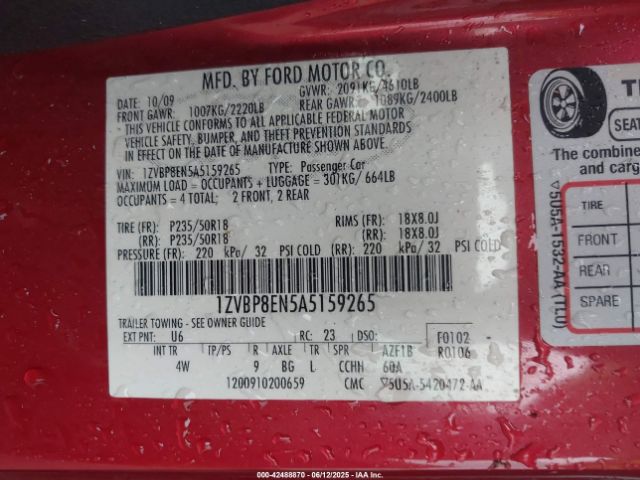 2010 FORD MUSTANG 1ZVBP8EN5A5159265 Photo 8