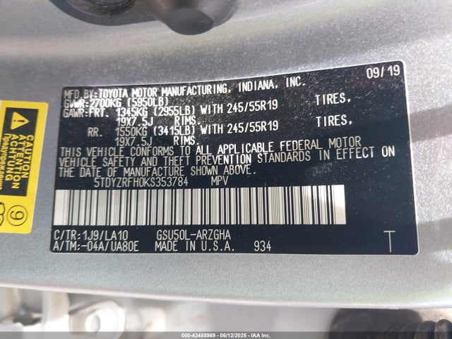 5TDYZRFH0KS353784 Toyota 2gr-fks