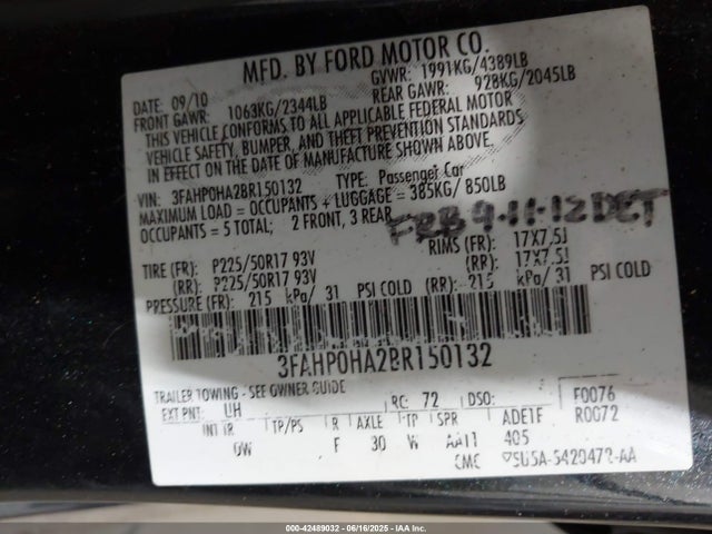 2011 Ford Fusion Se მანქანა იყიდება აუქციონზე, vin: 3FAHP0HA2BR150132, აუქციონის ნომერი: 42489032