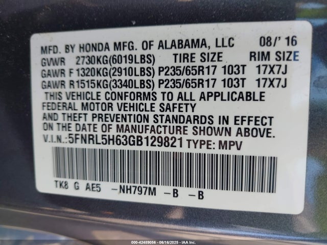 5FNRL5H63GB129821 Honda j35z8