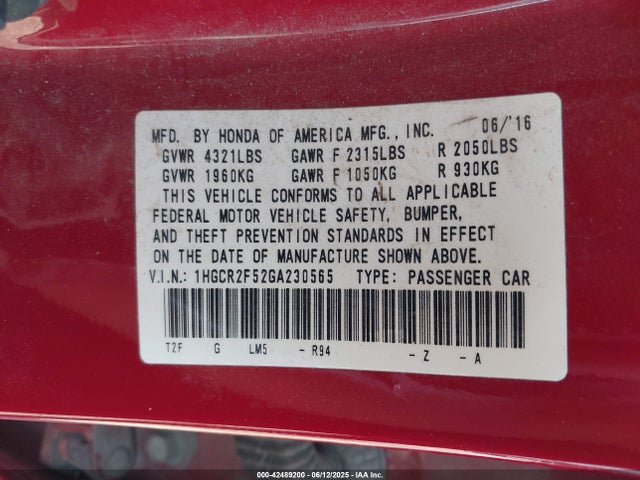 1HGCR2F52GA230565 Honda k24w1