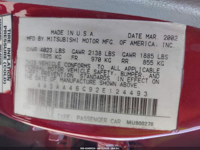 2002 MITSUBISHI GALANT 4A3AA46G92E124493 Photo 8