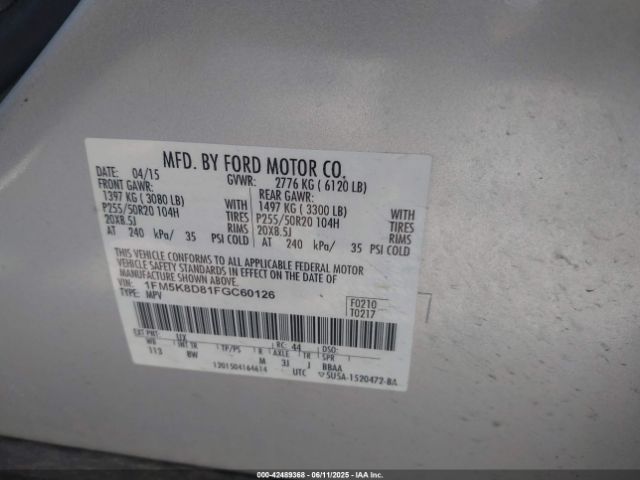 2015 FORD EXPLORER 1FM5K8D81FGC60126 Photo 8