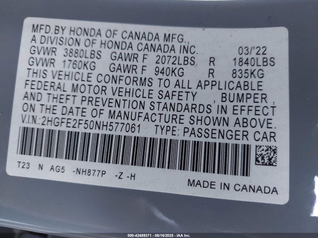 Honda k20c2 2022 2HGFE2F50NH577061 Image 9