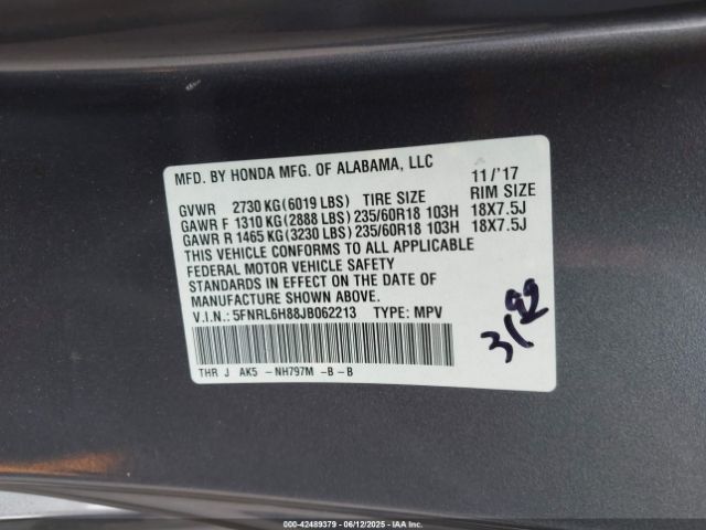 2018 HONDA ODYSSEY 5FNRL6H88JB062213 Photo 8