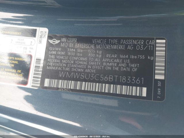 2011 MINI COOPER WMWSU3C56BT183361 Photo 8