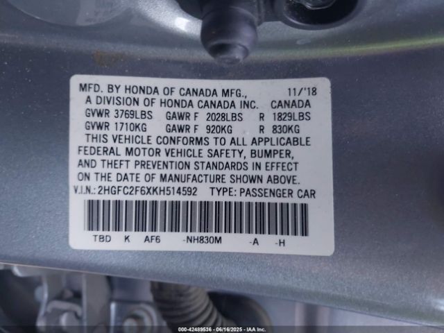2019 HONDA CIVIC 2HGFC2F6XKH514592 Photo 8