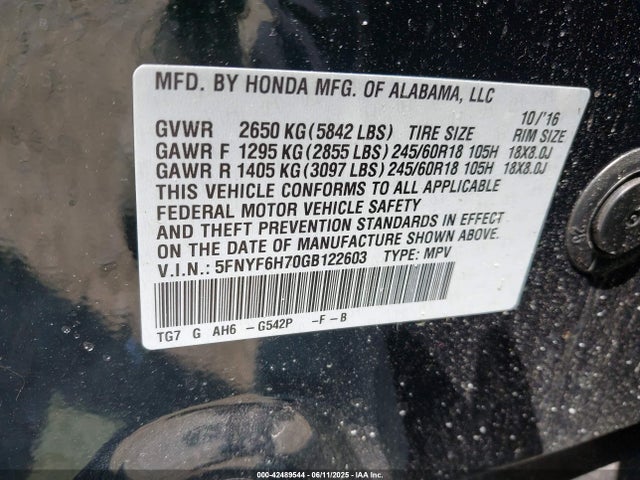 5FNYF6H70GB122603 Honda j35y6