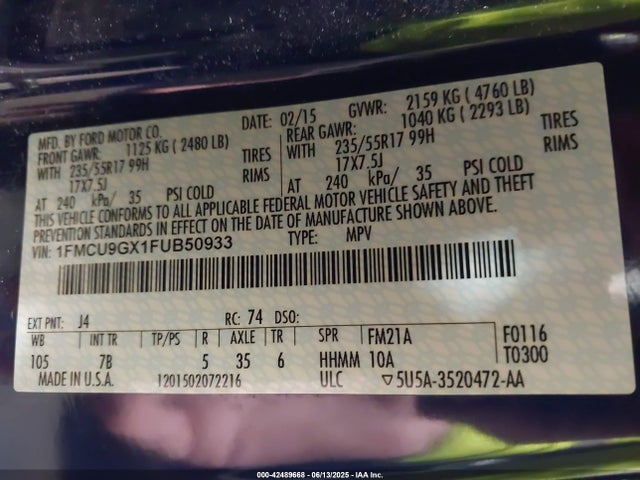 Aukcja sprzedaży 2015 Ford Escape Se, vin: 1FMCU9GX1FUB50933, numer aukcji: 42489668