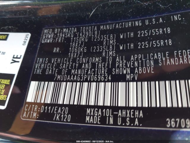 7MUDAAAG3PV069634 Toyota m20a-fks
