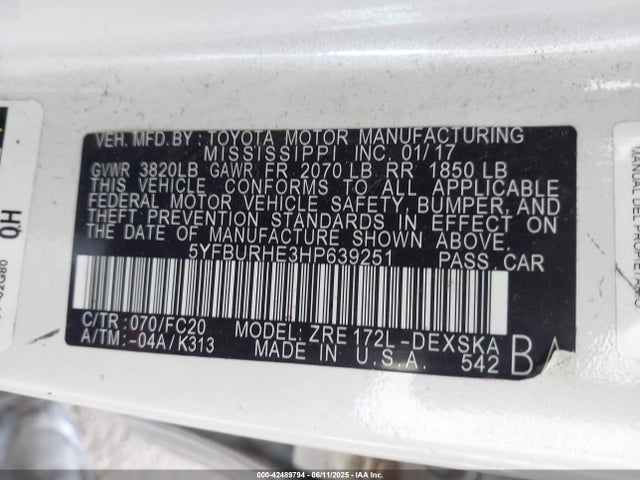 5YFBURHE3HP639251 Toyota 2zr-fe