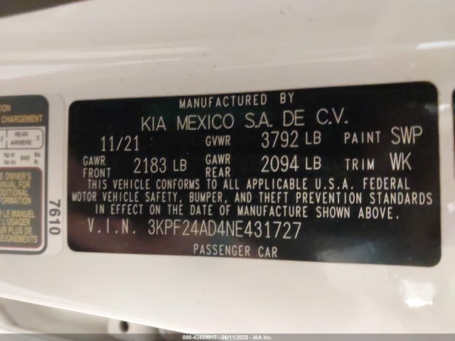3KPF24AD4NE431727 KIA mpi nu
