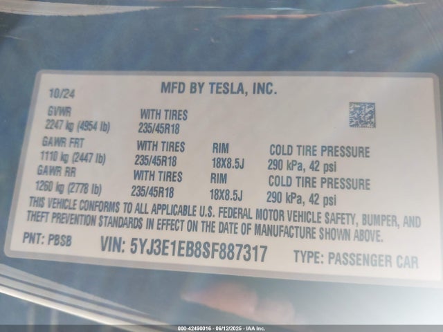 2025 TESLA MODEL 3 5YJ3E1EB8SF887317 Photo 8