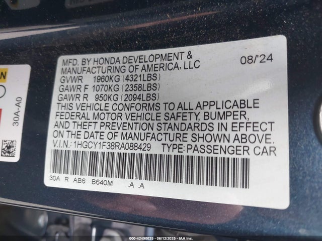 1HGCY1F38RA088429 Honda l15be