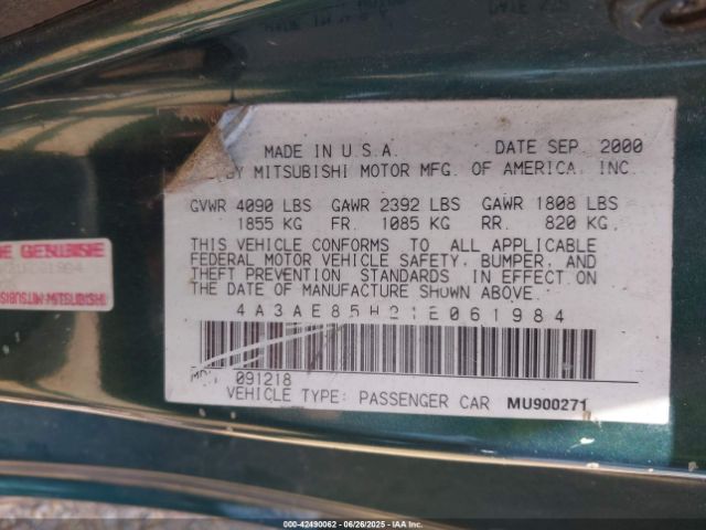 2001 MITSUBISHI ECLIPSE SPYDER 4A3AE85H21E061984 Photo 8