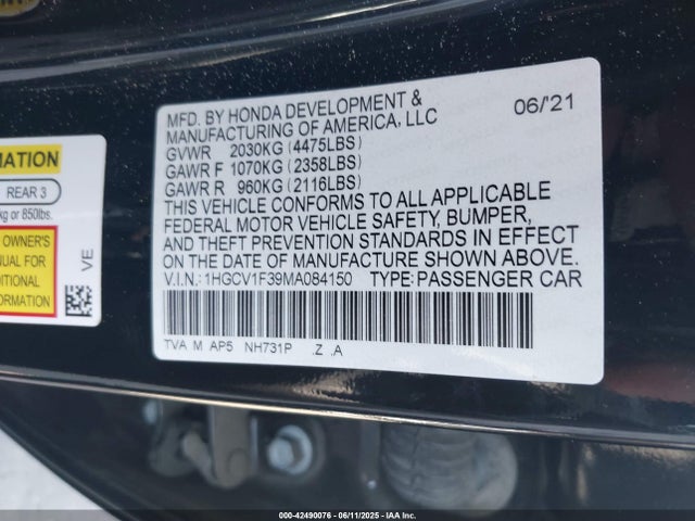 1HGCV1F39MA084150 Honda l15be