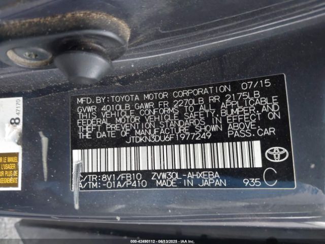 JTDKN3DU6F1977249 Toyota Prius Two