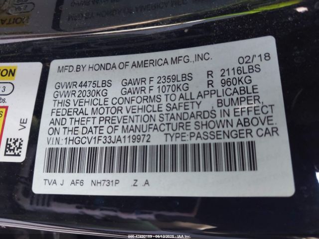 1HGCV1F33JA119972 Honda l15be