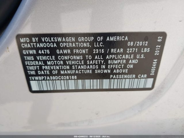 2013 VOLKSWAGEN PASSAT 1VWBP7A39DC026166 Photo 8