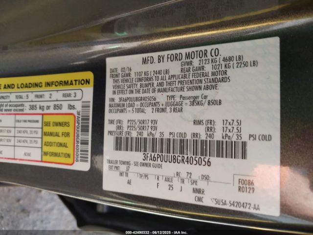 3FA6P0UU8GR405056 Ford Fusion