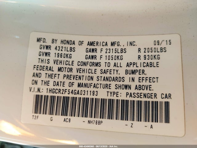 1HGCR2F54GA031193 Honda k24w1