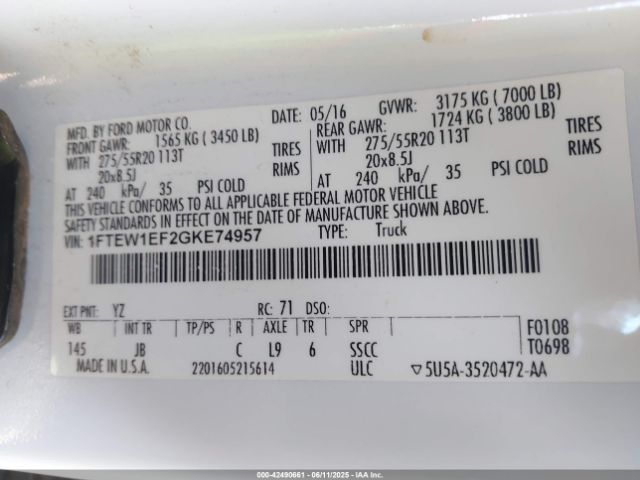 1FTEW1EF2GKE74957 Ford 2016