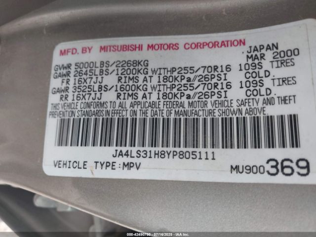 2000 MITSUBISHI MONTERO SPORT JA4LS31H8YP805111 Photo 8