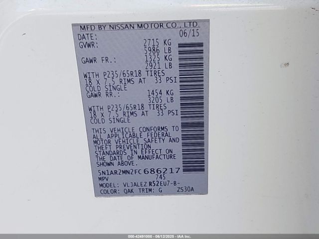 5N1AR2MN2FC686217 Nissan Pathfinder Platinum/s/sl/sv