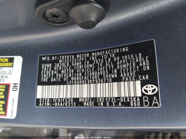 2019 TOYOTA COROLLA 5YFBURHEXKP926710 Photo 8