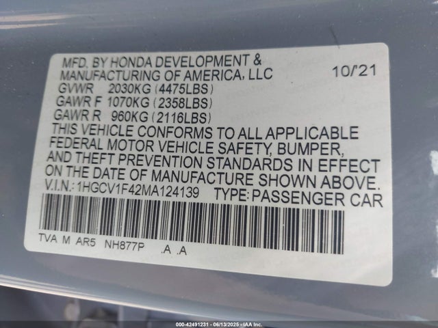 1HGCV1F42MA124139 Honda l15be