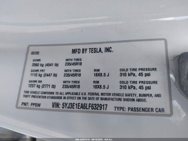 2020 TESLA MODEL 3 5YJ3E1EA6LF632917 Photo 8