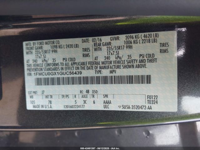 1FMCU0GX1GUC56439 Ford ESCAPE SE