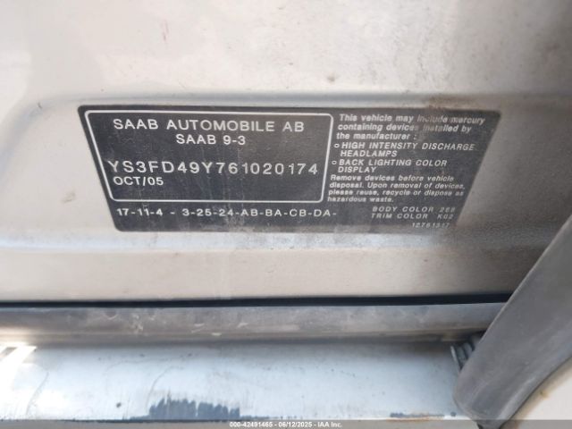 2006 SAAB 9-3 YS3FD49Y761020174 Photo 8