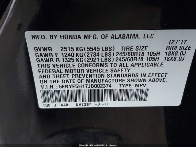 5FNYF5H17JB002374 Honda j35y6