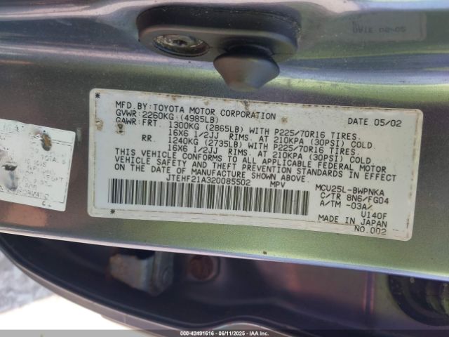 2002 TOYOTA HIGHLANDER JTEHF21A320085502 Photo 8