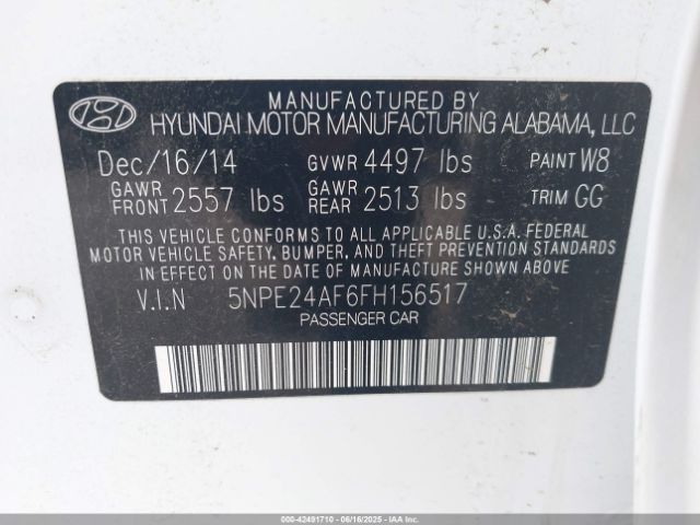 5NPE24AF6FH156517 Hyundai SONATA SE
