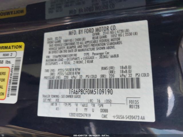 2021 FORD MUSTANG 1FA6P8CF0M5109190 Photo 8